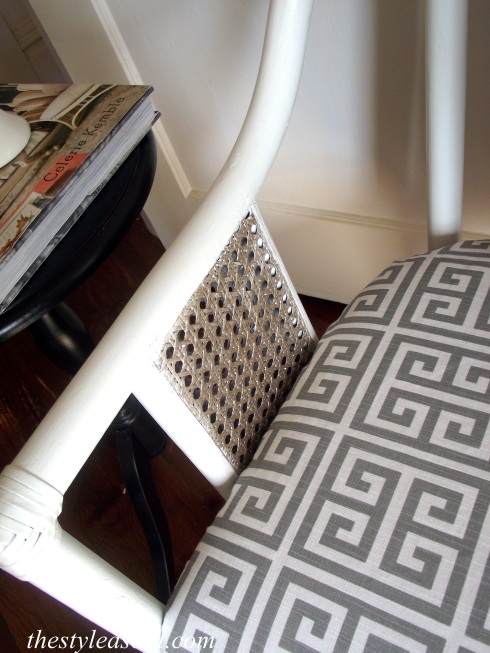 Wicker chair with greek key fabric